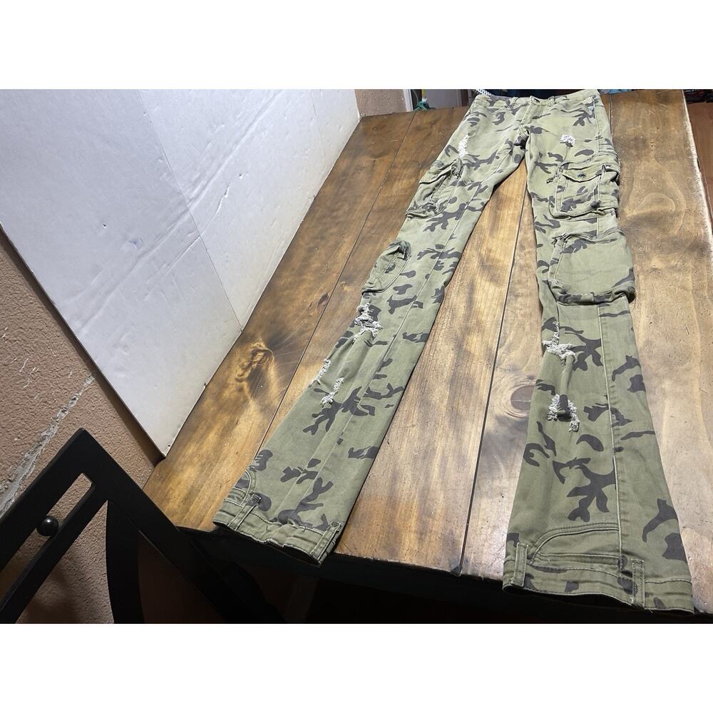 Rockstar Original Jeans Mens Small Camo Flare Stretch Denim Distressed Cargo